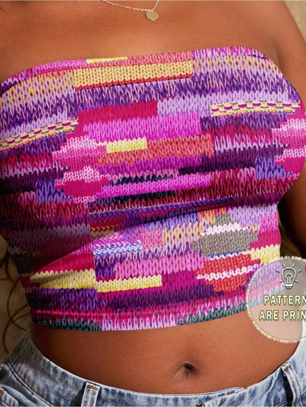 Multicolor Knit Strapless Crop Top - Pink Pattern